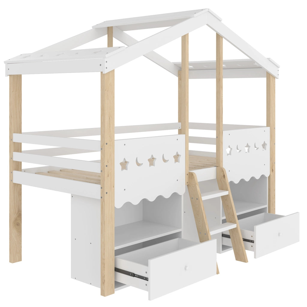 OKWISH Letto a Soppalco 90×200 cm, Letto Singolo con 2 Cassetti, LED Regolabile e Mensole, senza Materasso, in Pino, Bianco e Naturale