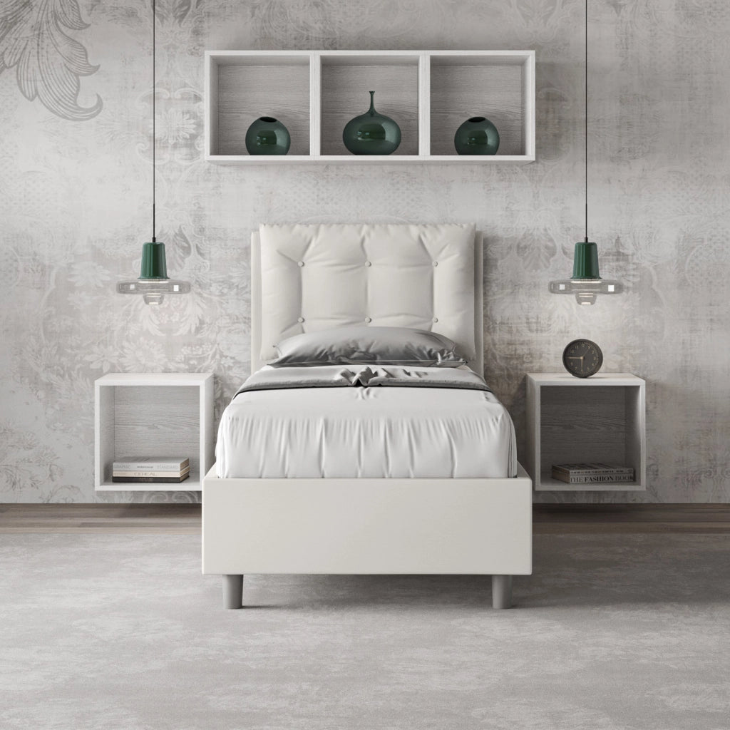 BS COM Letto singolo contenitore imbottito 80x190 similpelle bianco