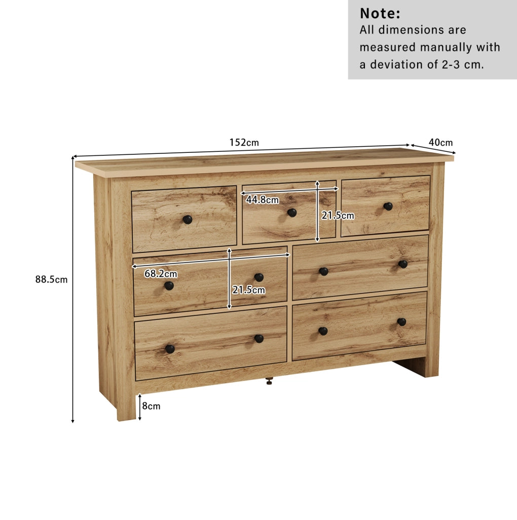 Sideboard moderno in legno con 7 cassetti, 152x40x89 cm