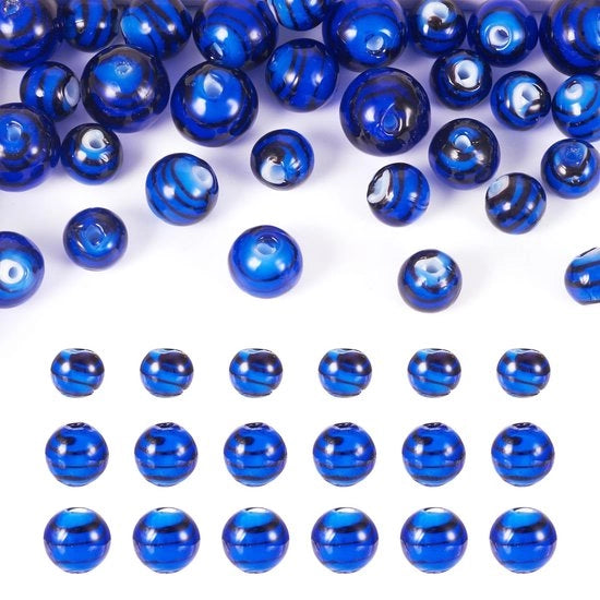 Lampomorfici in vetro lavorato a mano 32 pezzi - Blu - Spacer cerchio in vetro lavorato a mano - 8/10/12 mm - Vetro di alta qualità - Disegno a strisce - Vetro lavorato a mano in forma di perle