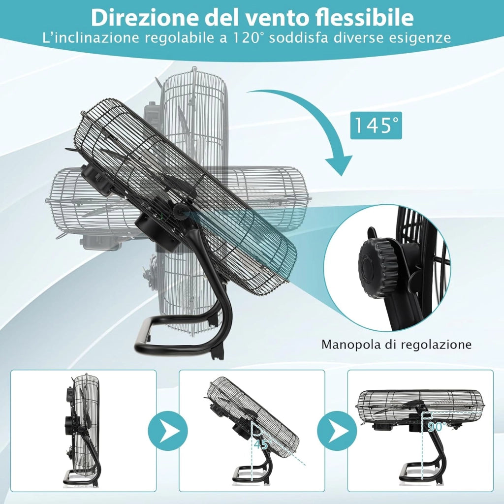 160W Ventilatore da Terra 50 cm, Ventilare Industriale a 3 Velocità Inclinazione di 145° e Pale in Metallo, Ventilatore da Pavimento per Magazzino Cantina Garage Palestra (Nero)