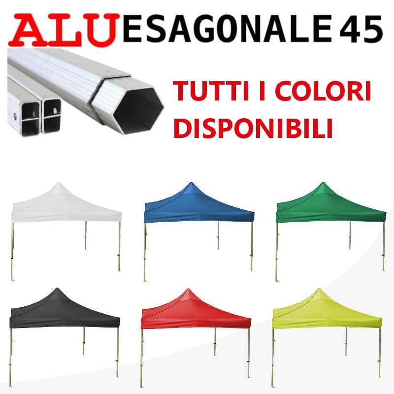 Gazebo 3x3 m nero SENZA laterali pieghevole alluminio piantone esagonale 45mm portatile estendibile richiudibile estensibile acciaio per fiere eventi stand chiosco tenda tendone mercato mercatino