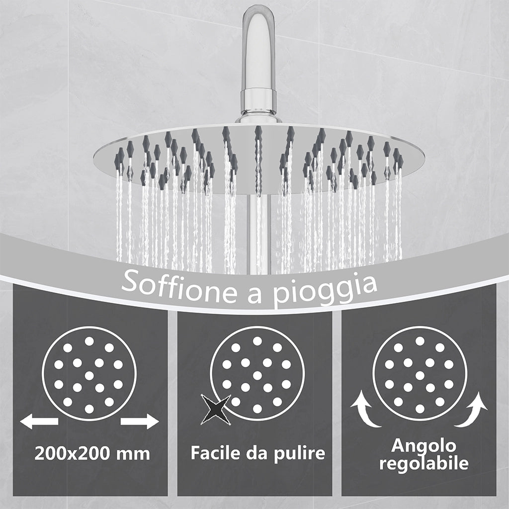 Kit doccia con miscelatore termostatico, soffione rotondo da 20cm, doccetta tonda 23x10.8cm, colonna doccia regolabile 72-120cm, cromo