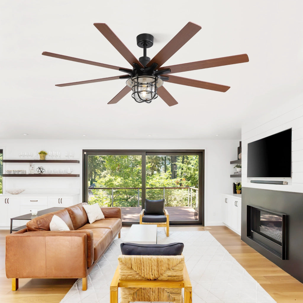 Ventilatore da soffitto nero con 8 pale in MDF, lampada E27 e motore DC reversibile