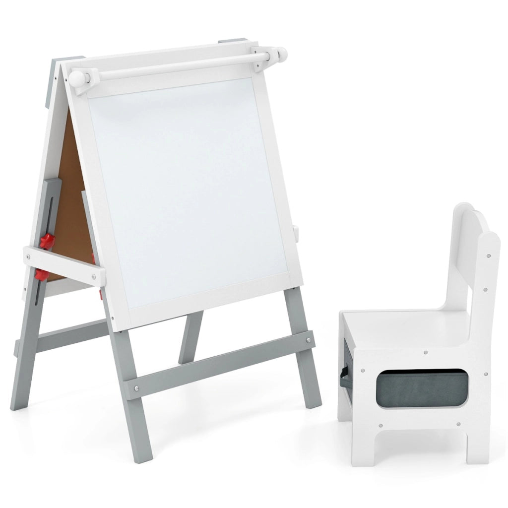 Cavalletto artistico doppia faccia per bambini con sedia contenitore, Cavalletto da disegno regolabile in altezza Grigio-Cavalletti e lavagne bambini