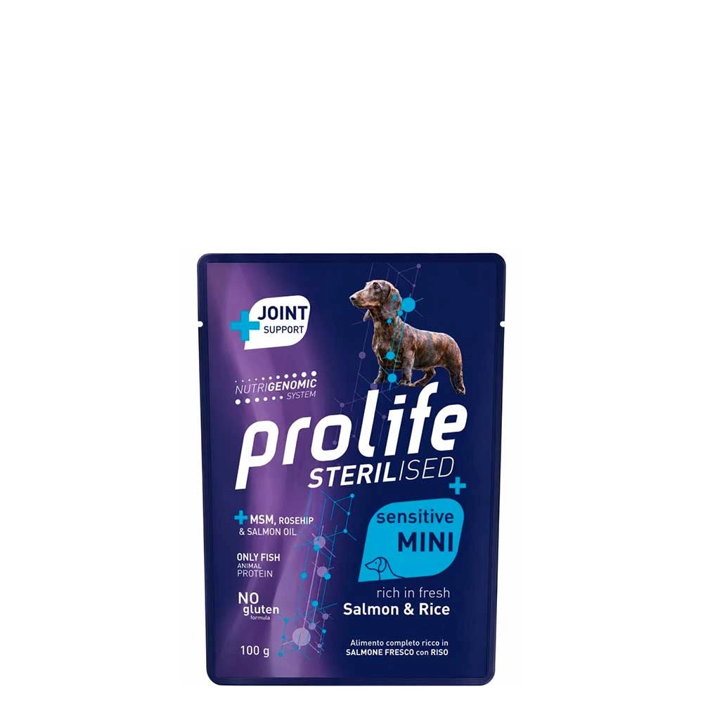 Prolife dog 10x100g sterilised salmone e riso. confezione 10 buste da 100g