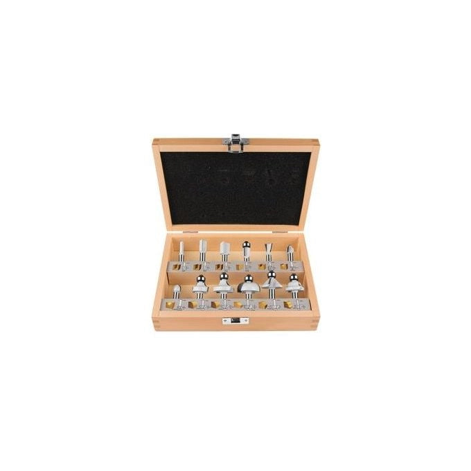 Makita D-53556 Set di 12 Frese per Rifilatore e Fresatrice in Carburo di Tungsteno Gambo 8 mm in Cassetta di Legno colore Nero