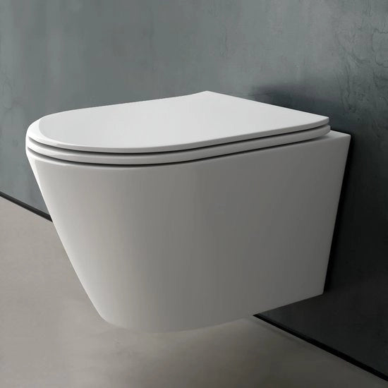 Wandtoilet senza bordo di scarico - Hangtoilet completo - Toiletpot con chiusura morbida - Vetrino wc in duroplast - Trattamento con nano-coating - Progetto moderno