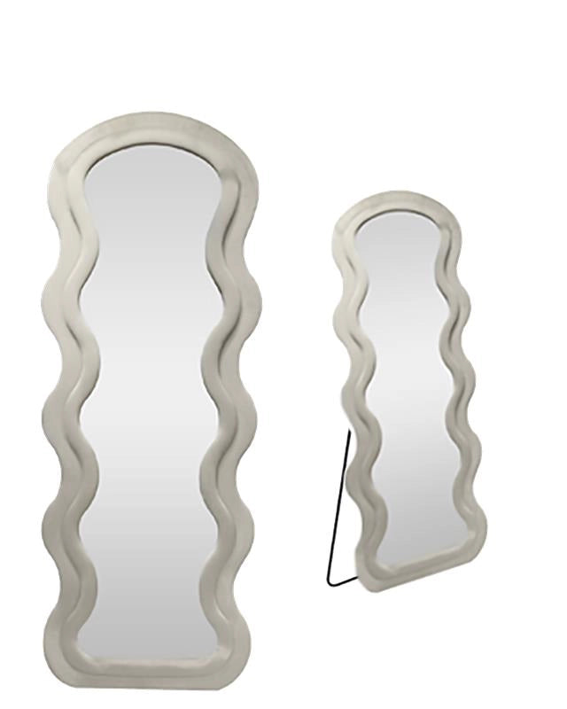 SPECCHIO ONDULATO IN VELLUTO BEIGE CON PIEDE E GANCI PER APPENDEREMISURE: 60X160CM