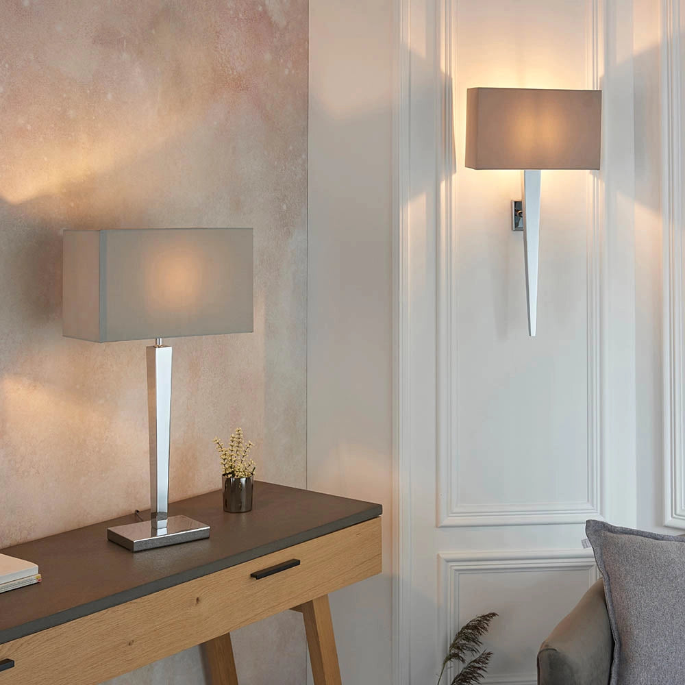 Lampada da tavolo minimal cromata paralume grigio E27