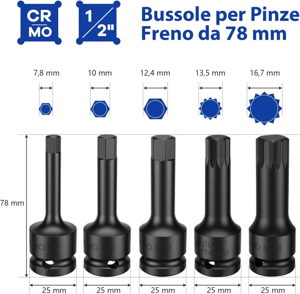 Set di Bussole per Pinze Freno da 16 Pezzi, Kit di Attrezzi per la Regolazione dei Freni con Chiave di Trasmissione da 1/2”, Compatibile con Vari Veicoli, 28 x 7 x 18 cm (Arancione)
