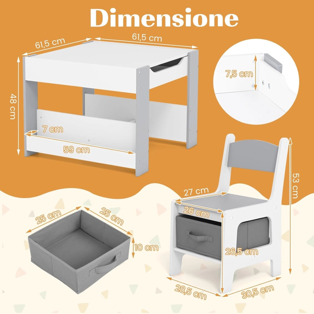 Set Tavolino Bambini con 2 Sedie per 3+ Anni, Tavolo e Sedie 4 in 1 con Lavagna Rimovibile, Librerie e Scatola in Tessuto, Mobile Salvaspazio per Scuola, Asilo e Cameretta (Bianco e Grigio)