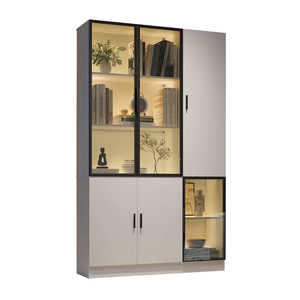 Vetrina libreria 120x35x200 cm con LED - Xylo - ante in vetro, struttura alluminio, per collezioni, soggiorno
