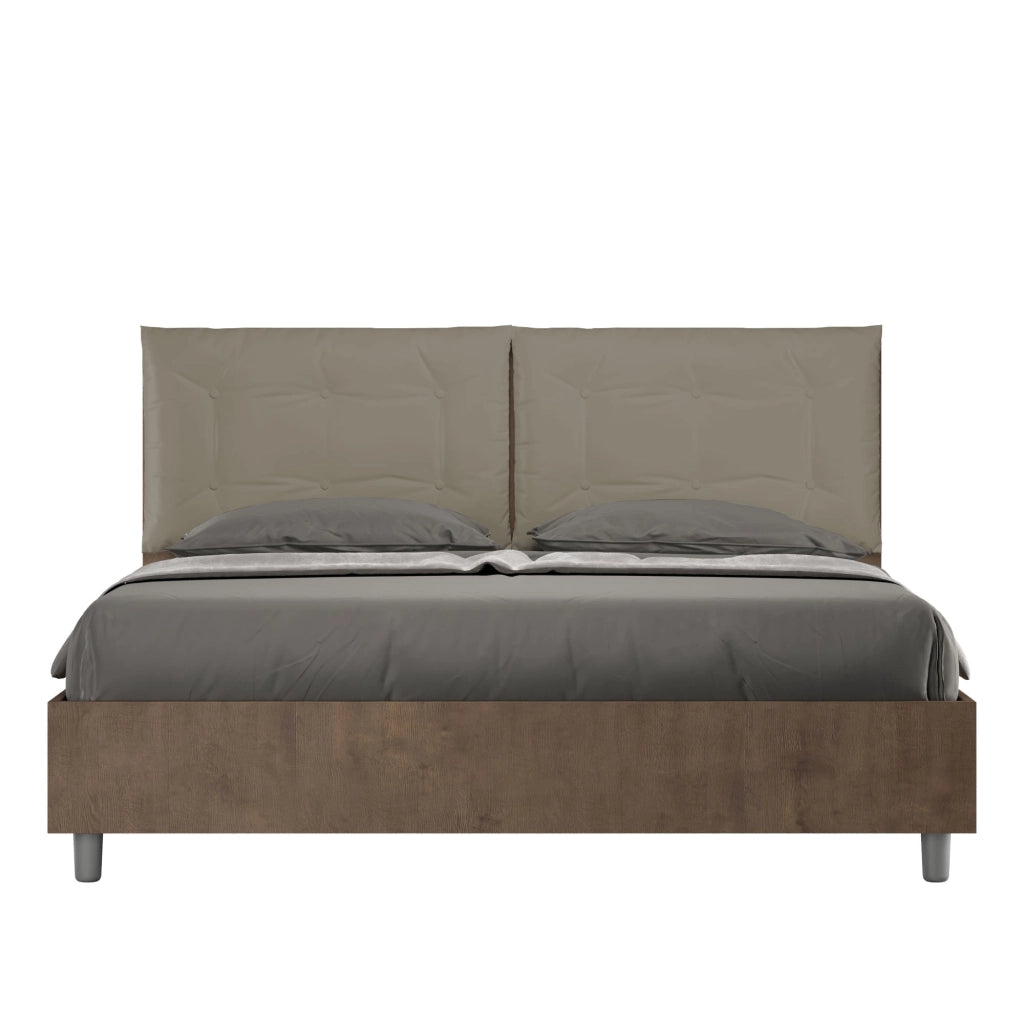 BS COM Letto matrimoniale con rete 160x200 noce cuscini similpelle cappuccino