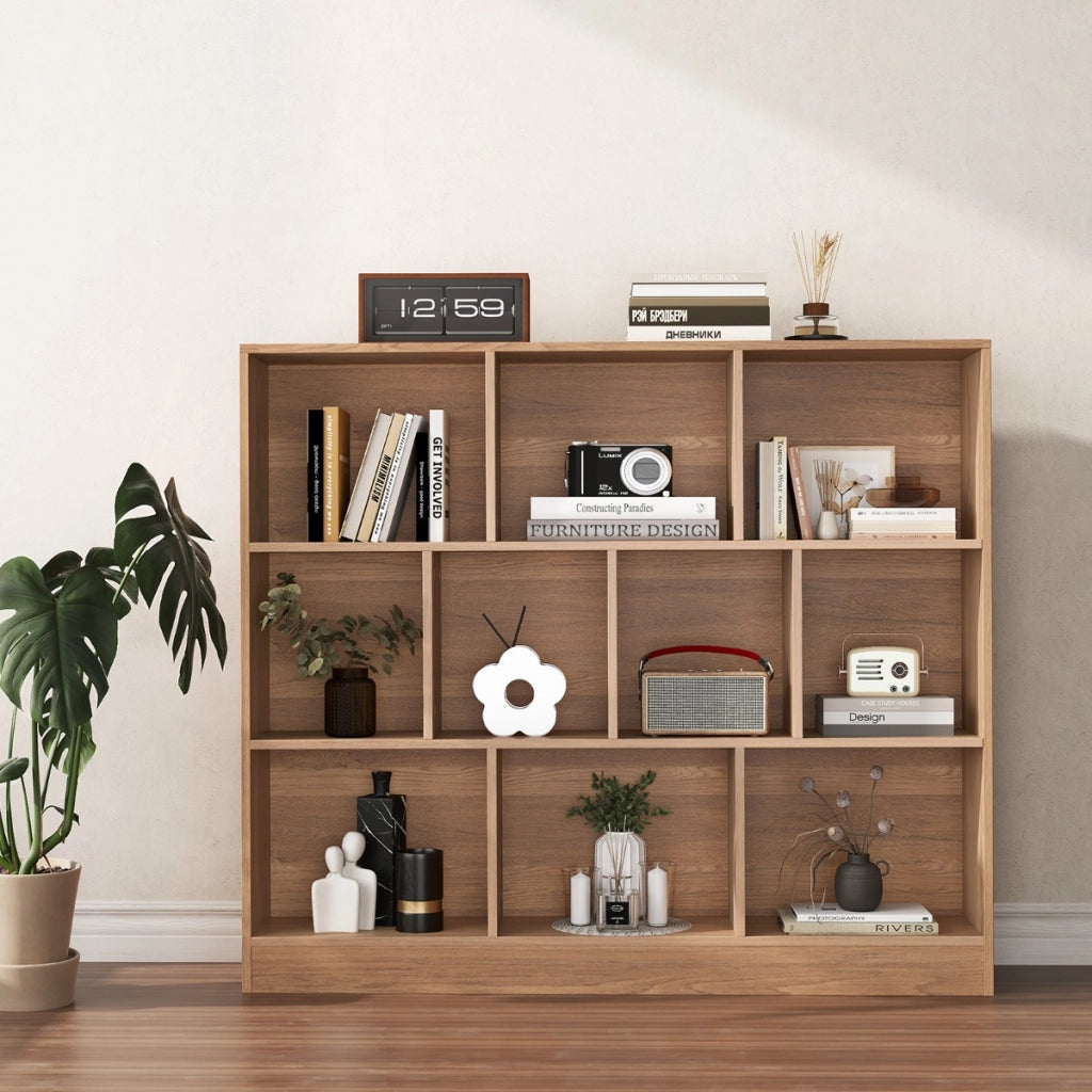 Libreria a 10 cubi con 2 kit anti-ribaltamento, Organizzatore di stoccaggio a 3 ripiani in legno alto 104cm Naturale