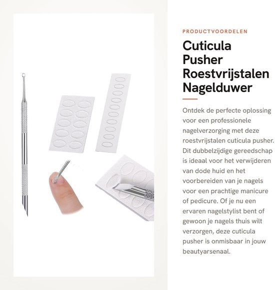 Strumento per rimuovere la cuticola a doppia faccia - Manico antiscivolo in acciaio inossidabile - Nagelriemduwer - Nagellakverwijderaar - Schiuma abrasiva per cura delle unghie