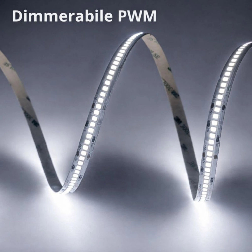 Striscia LED SMD 2835 24V, 5 Metri, Larga 10mm, Neutro 4000K, Super Luminoso 24W/M 4000LM/M 160LM/W 240SMD/M, Dimmerabile PWM, Tagliabile ogni 33mm, IP20, CRI>80