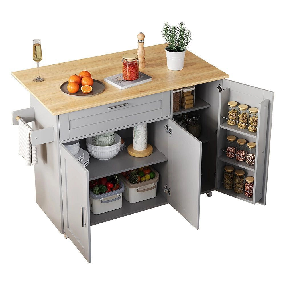 Tavolo da cucina mobile con piano ribaltabile - Xylo - 132,5x44x90 cm - Venatura quercia - Multifunzionale con scaffale spezie, porta asciugamani, 5 ruote