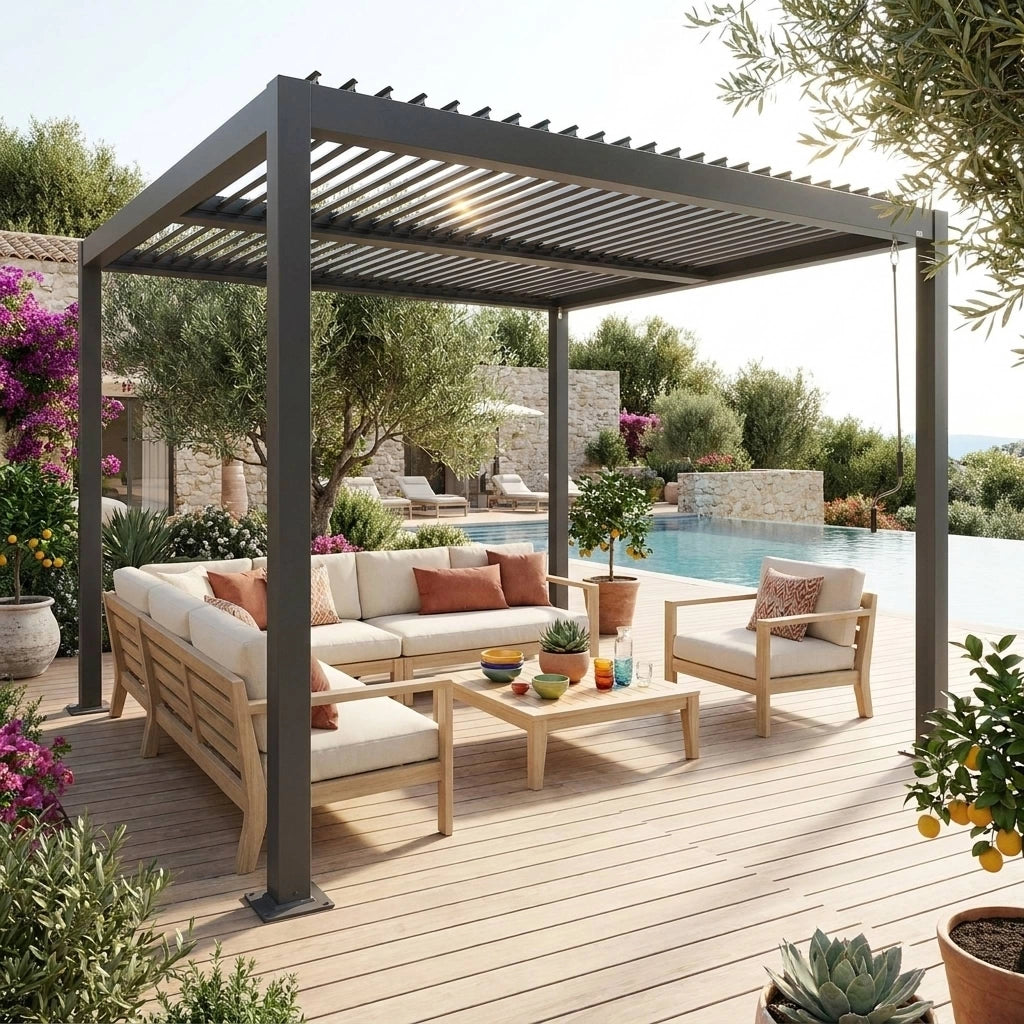 Pergola bioclimatica 3x3m in alluminio e acciaio, lamelle orientabili,