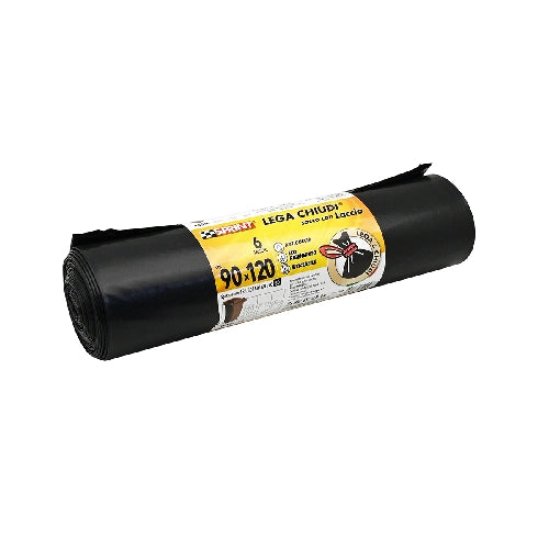 6 PZ SACCHI SPAZZATURA LEGA E CHIUDI C/LACCIO 80 MY- Trasparente cm 90 x 120- senza- pezzi 1