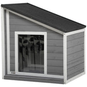 Cuccia per Cani in Legno Massello ¨C Xylo ¨C Tetto Bituminoso, Resistente alle Intemperie, 71x58x77 cm, Grigio e Bianco
