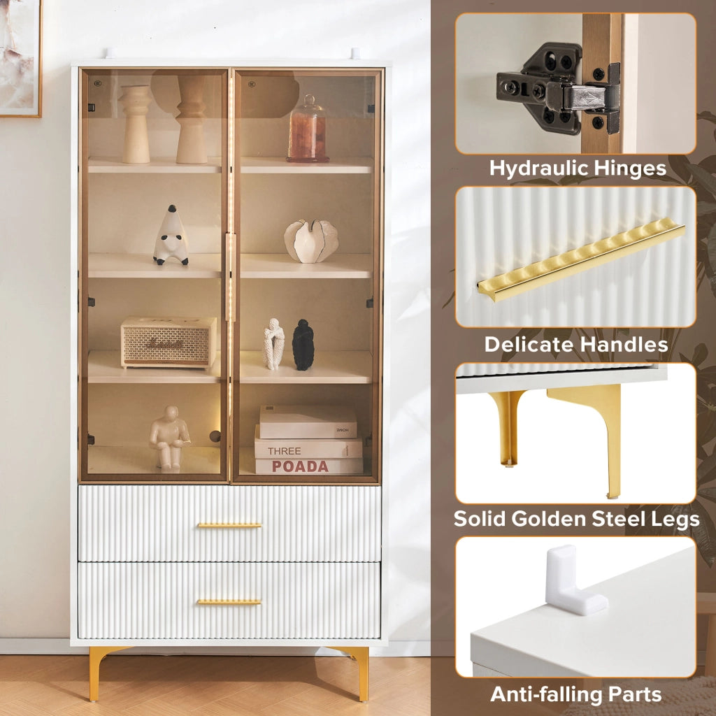 OKWISH Set da 2 Vetrine da Soggiorno con Ante Doppie, Ripiani Regolabili, LED e Cassetti, in Pannello Truciolare Bianco