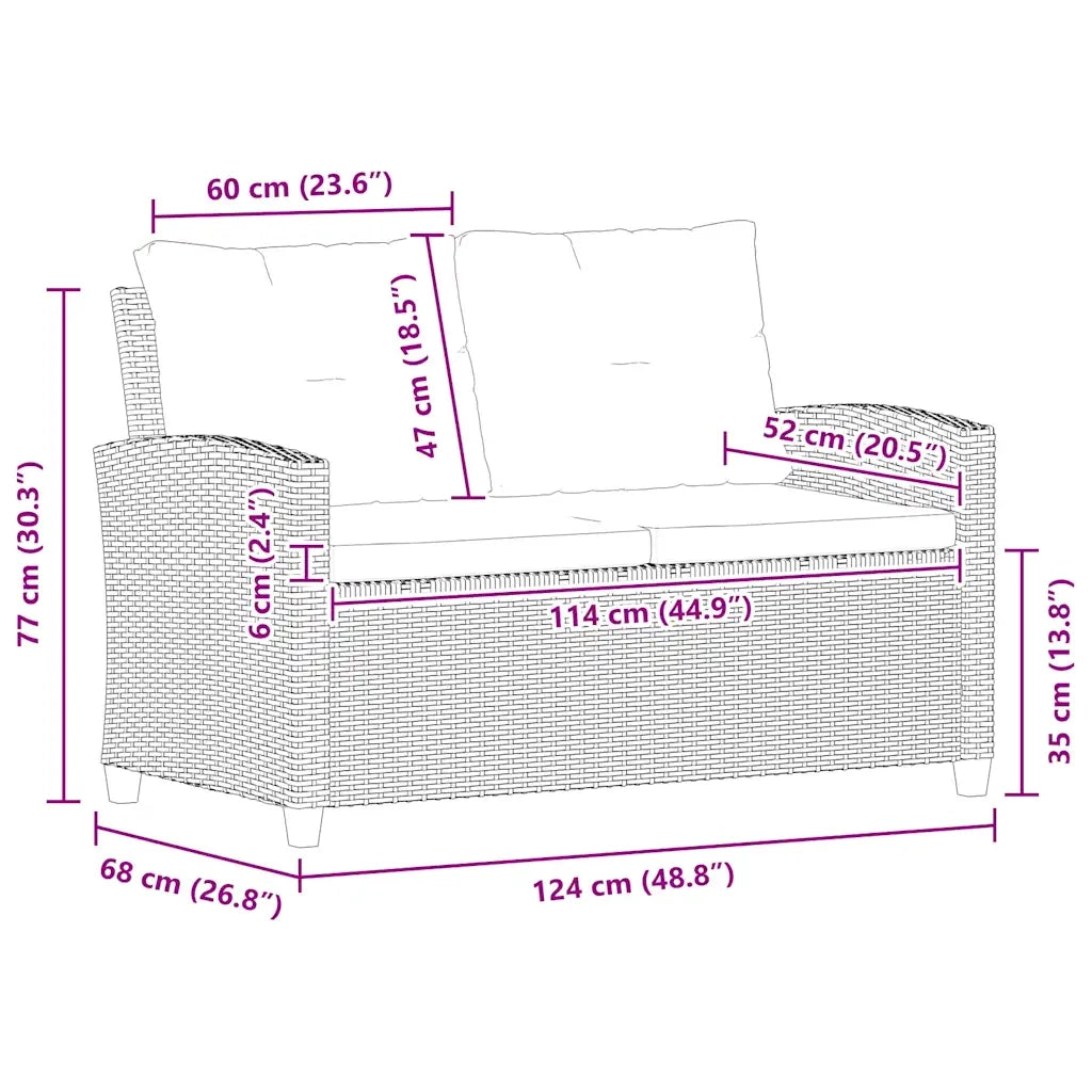 Divano da Giardino 2 Posti con Cuscini Grigio 124 cm Polyrattan 46154