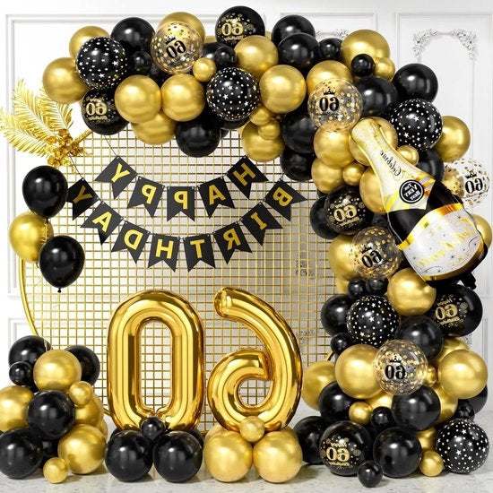 Decorazioni di compleanno uomo - kit di arco di palloncini neri e dorati per 60 anni - numero 60 palloncini in pellicola - striscione di compleanno - decorazione di festa per 60 anni donna.