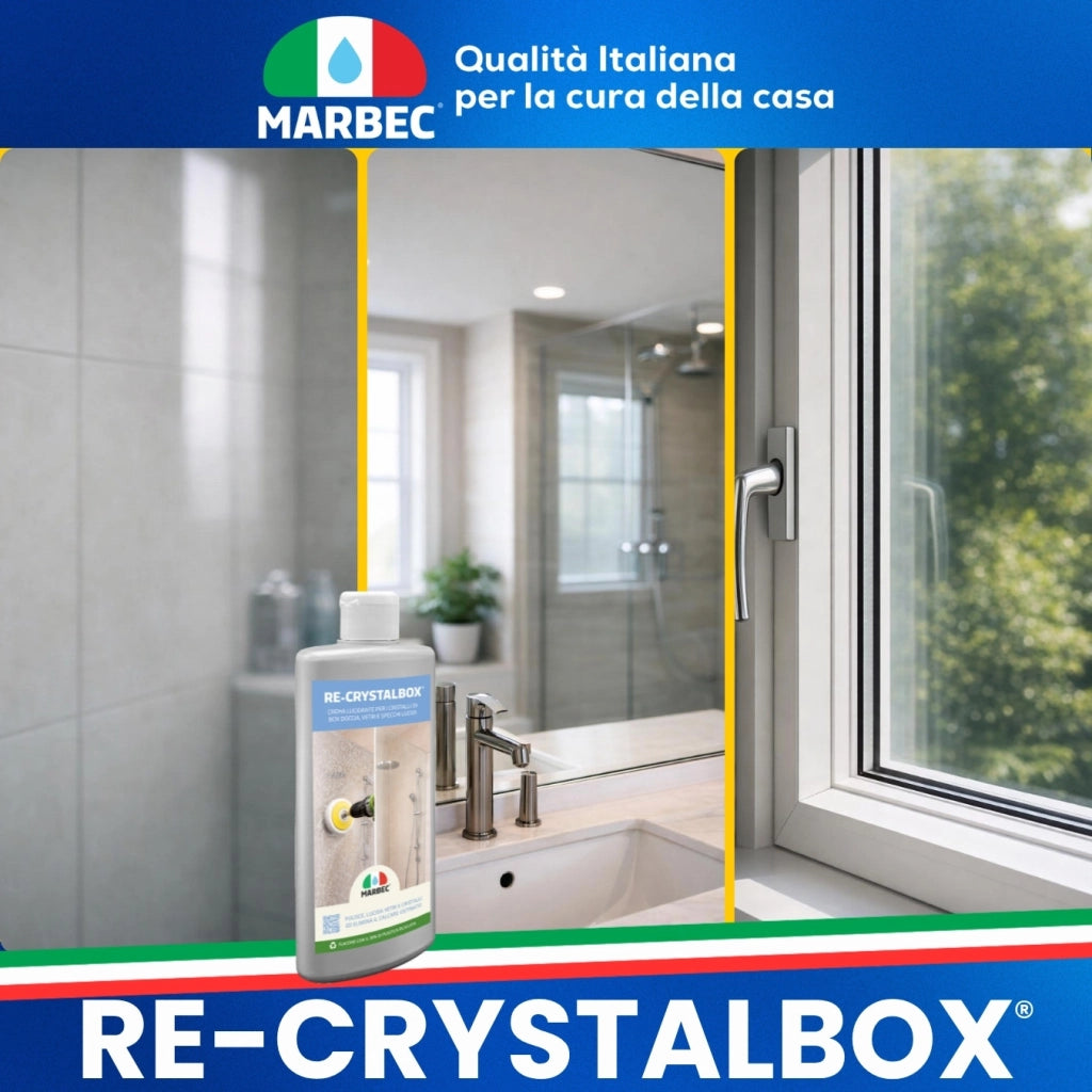 Crema lucidante vetro doccia, rimuove calcare e ripristina brillantezza Marbec RE-CRYSTALBOX® 250GR