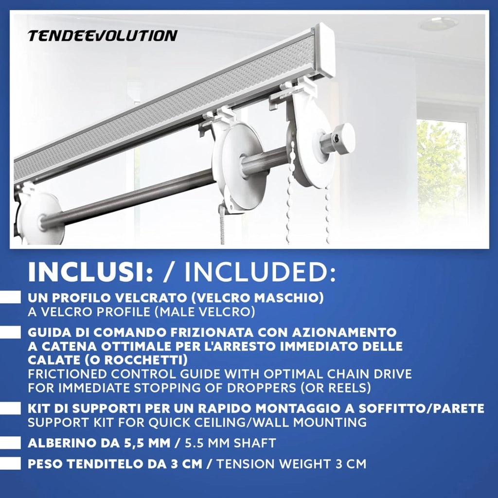 BASTONE BINARIO PER TENDA A PACCHETTO CON 9 CALATE A SGANCIO RAPIDO IN ALLUMINIO BIANCO LUNGHEZZA 300 CM Attacco Soffitto COMANDO A SINISTRA