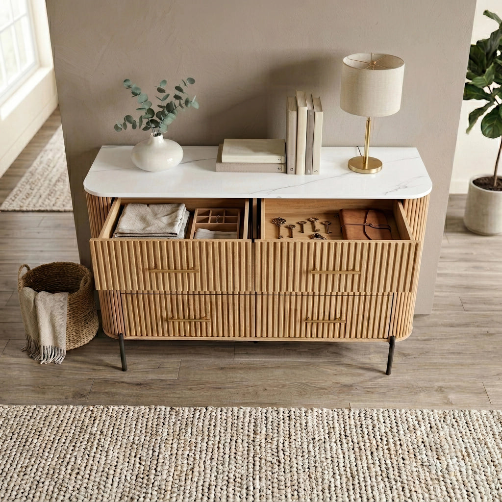 Cassettiera Kokunse Comò a 6 Cassetti 120x42x78 cm Effetto Rovere / Effetto Marmo Bianco [en.casa]