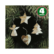 Trade Shop - 4 Appendini Natale In Legno Ovatta Forma Stella Albero Angelo Cuore Con Scritta Merry Christmas -