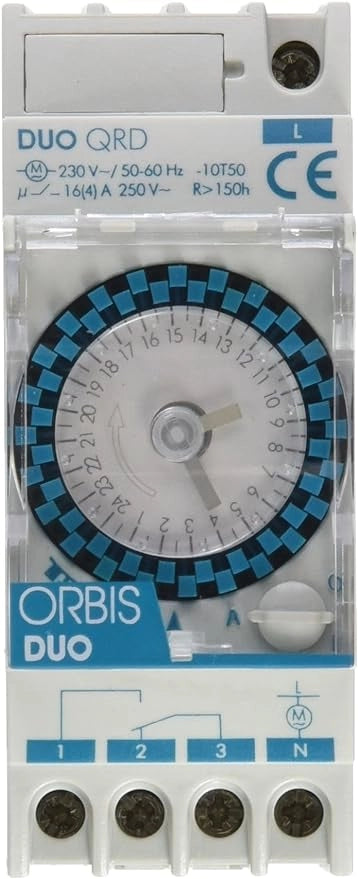 DUO QRD Interruttore orario elettromeccanico 2 moduli DIN, giornaliero, riserva 150 ore, 230V – ORBIS