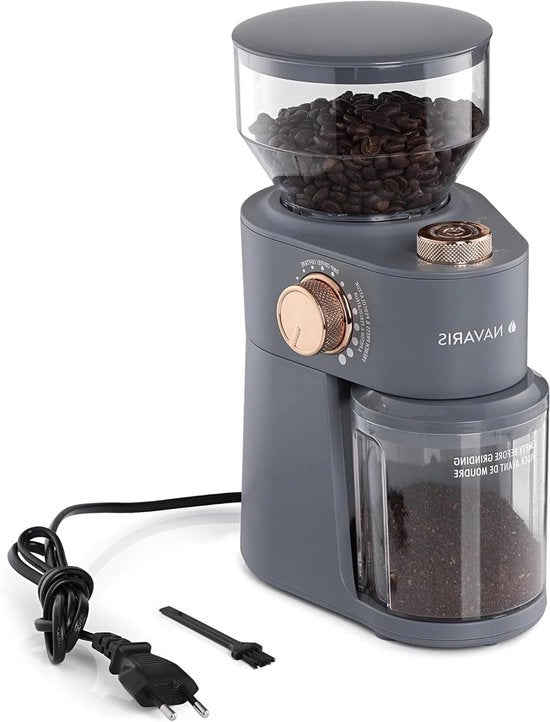 Molitore elettrico in acciaio inox - 200 W - Molitore professionale per 14 tazze - Stampante per fagioli con 18 gradi di inclinazione - Materiale in acciaio inox grigio chiaro con finitura rosso oro