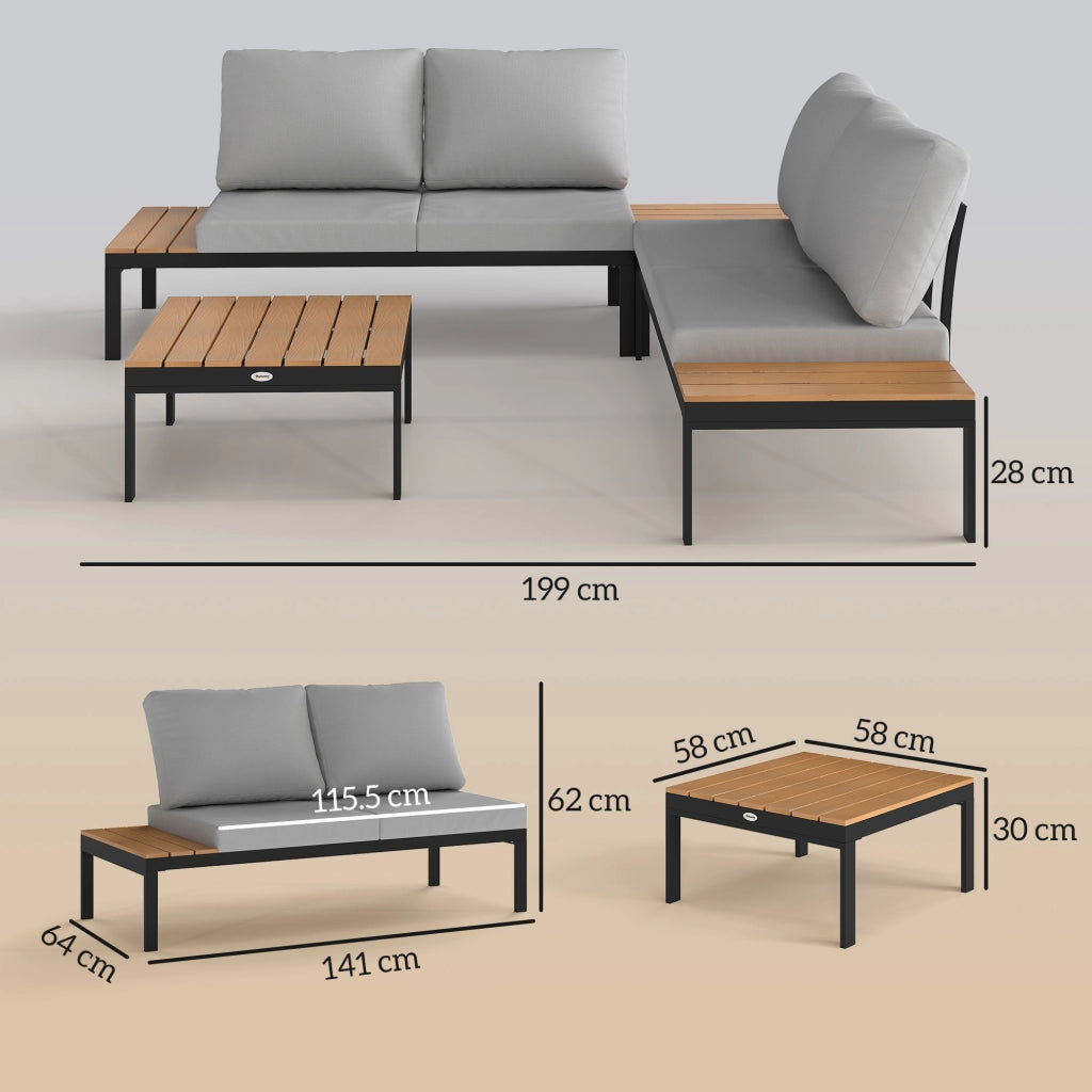 Set da Giardino 4 Pezzi con Divanetti e Tavolini ¨C zephmum ¨C Metallo, Legno Composito, Grigio Nero e Teak