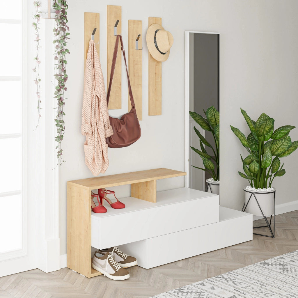 Mobile da ingresso "Ramda" con specchio in legno - 137 x 35 x 154 cm - Beige