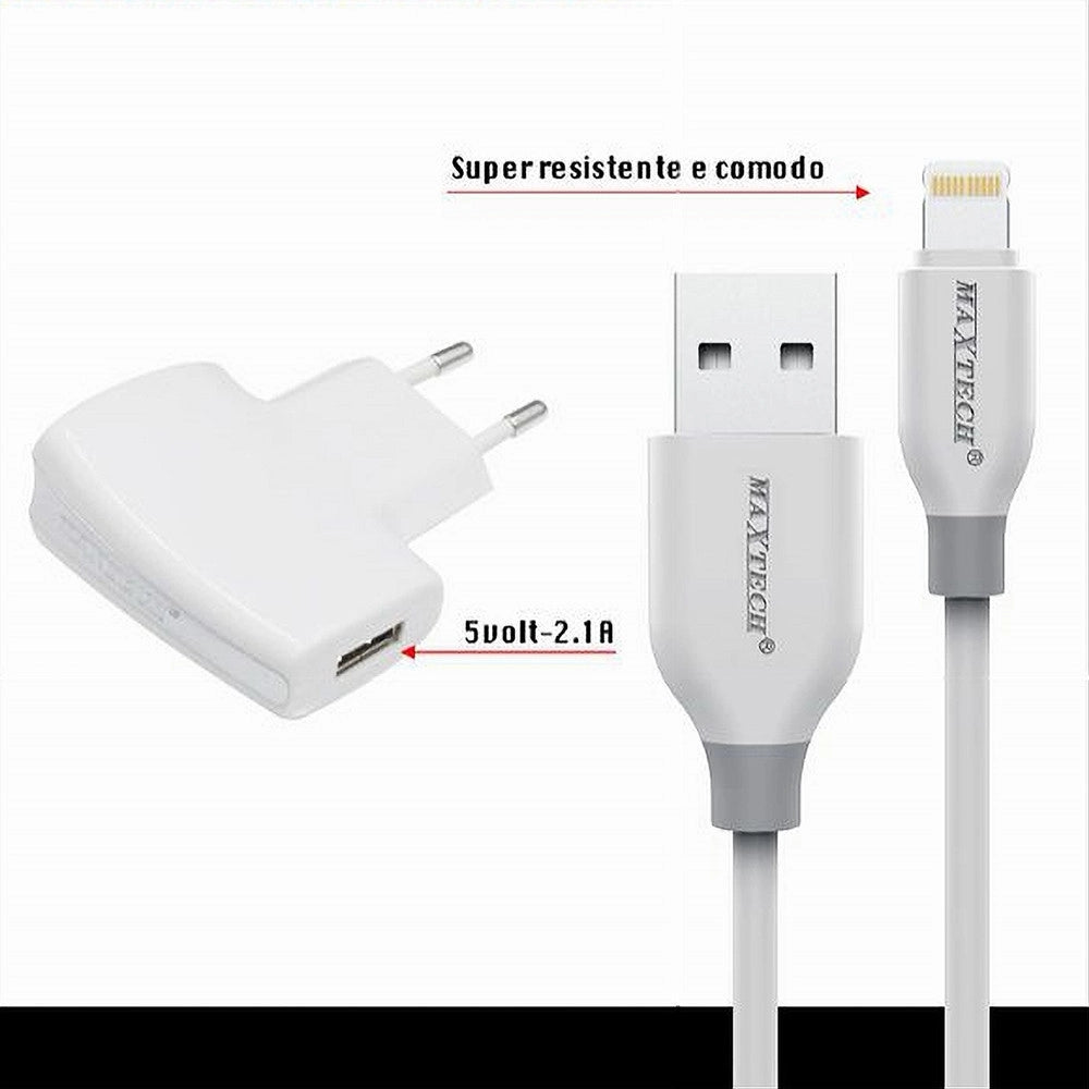 Trade Shop - Kit Caricabatterie + Cavo Usb Connettore Lightning 10w 2.1a 1mt Maxtech Ca-s035 -