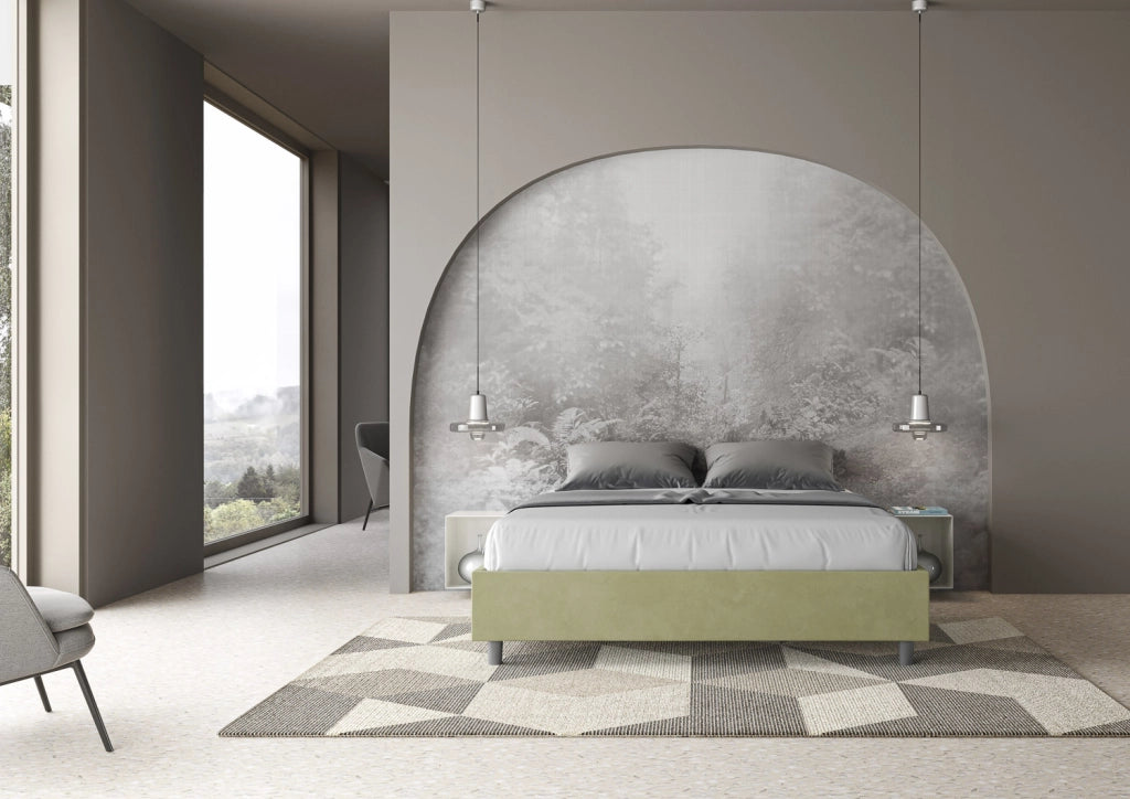 BS COM Letto matrimoniale francese contenitore imbottito 140x200 microfibra tè verde