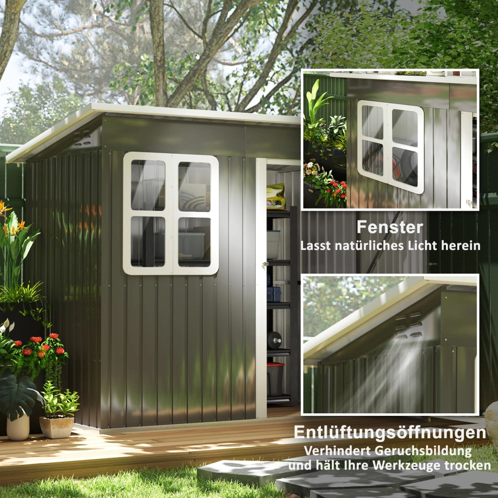 Capanno da giardino 2;55 m2; capanno da giardino con tetto a pendenza singola; 221 x 133 x 190/173 cm; capanno attrezzi con porta chiudibile a chiave; finestra; garage per biciclette; armadietto in acciaio; per giardino; giardino; grigio scuro