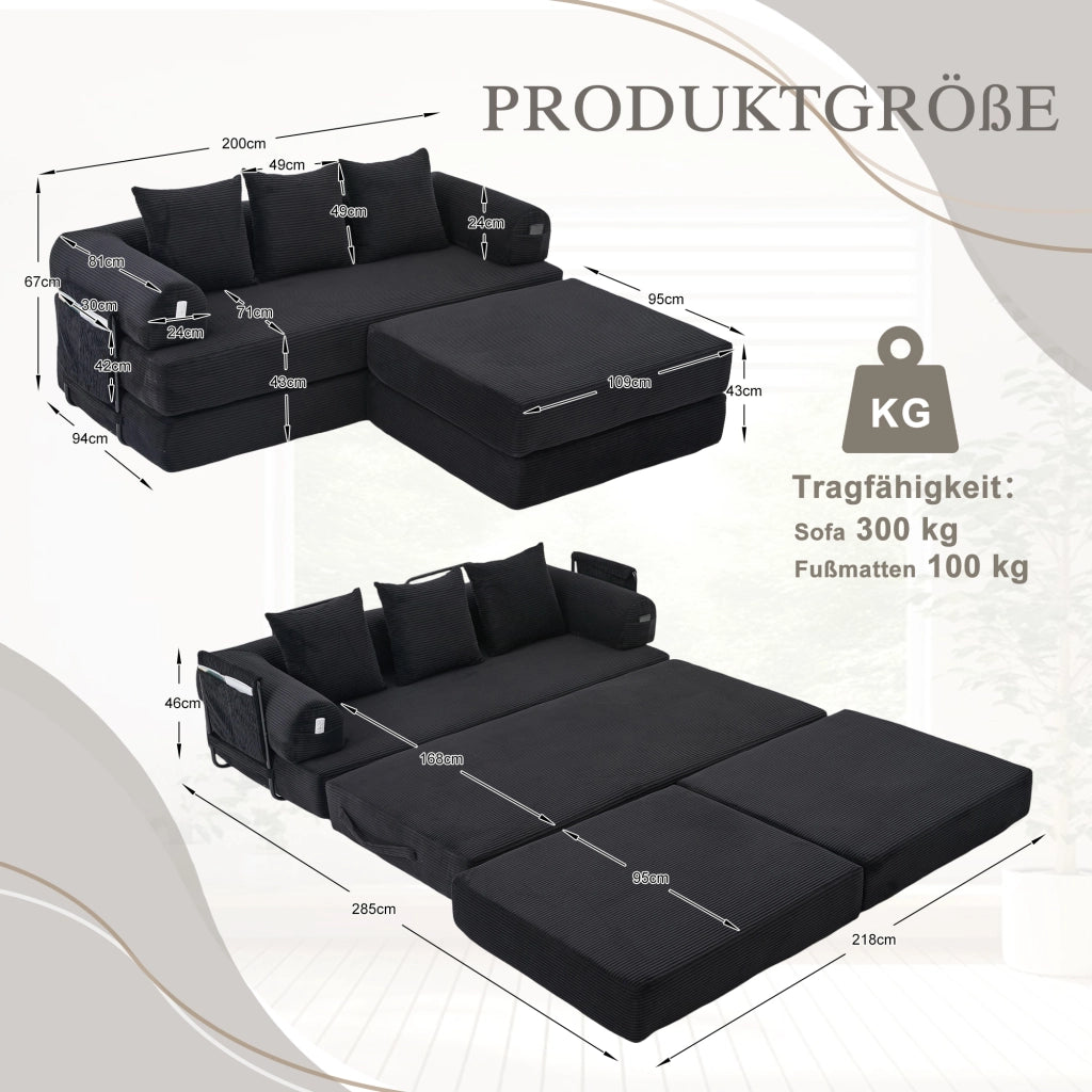 Divano Modulare con Pouf ¨C MINIMAL ¨C Tessuto a Coste, Cuscini, Nero