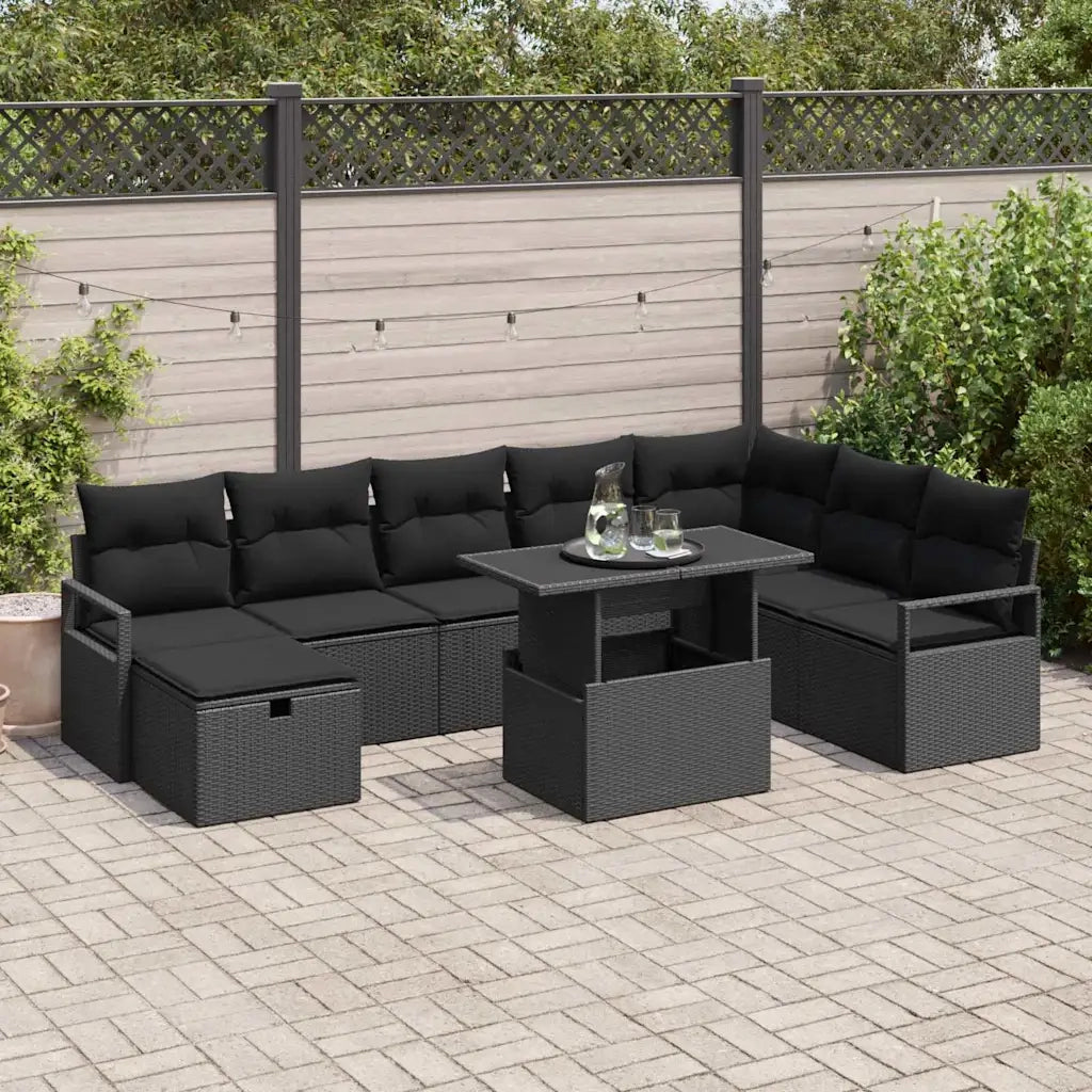 Set Divano da Giardino con cuscino 9 pcs Nero Poly Rattan 3359820