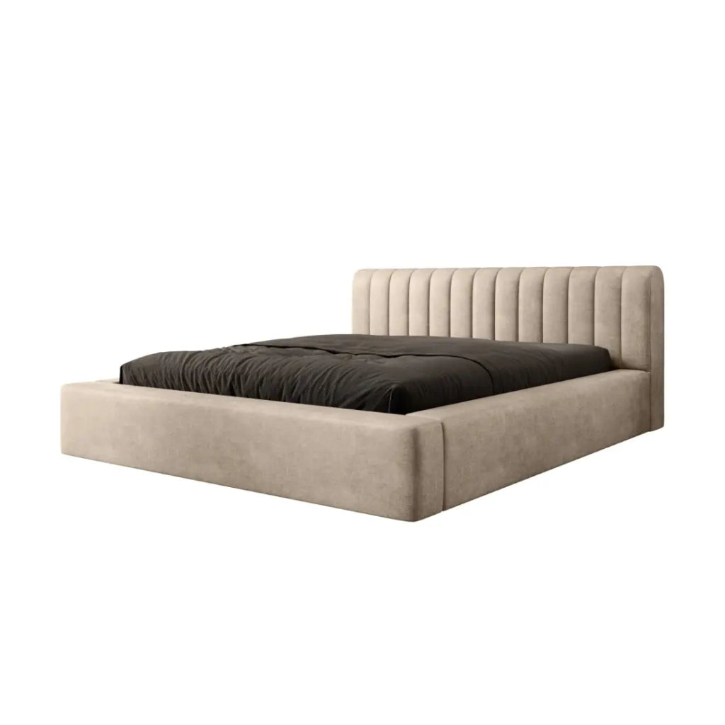 Letto contenitore CERVIN – Velluto morbido Nude Sablé – 140x200 cm – Rete sollevabile – Design elegante