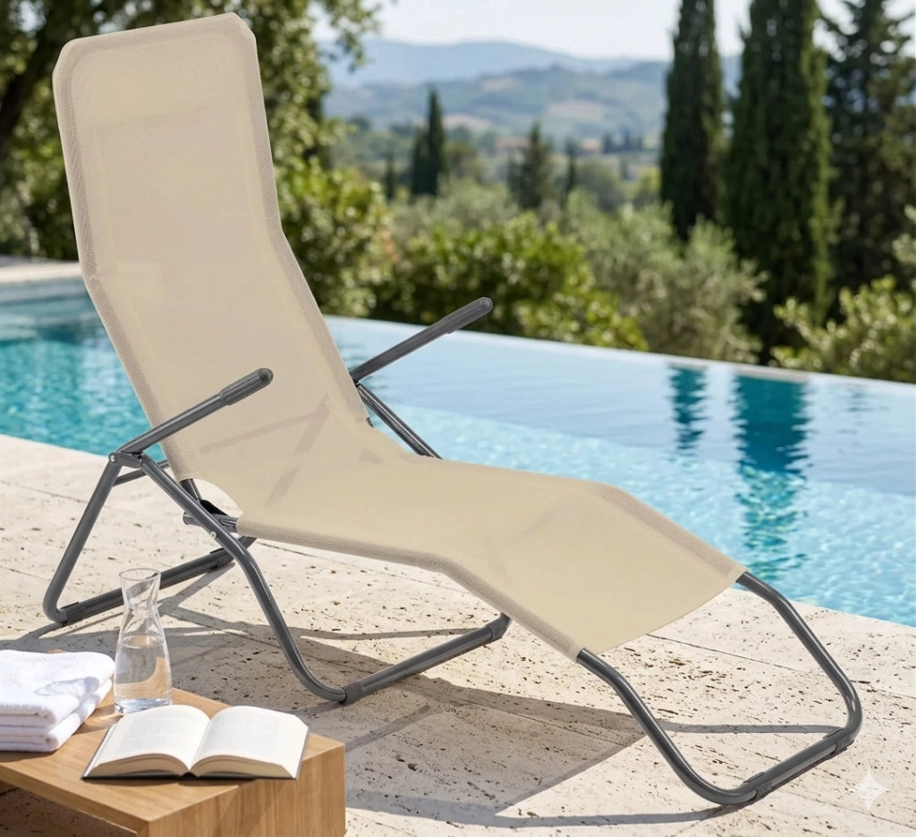 Lettino Prendisole in Acciaio e Textilene Beige