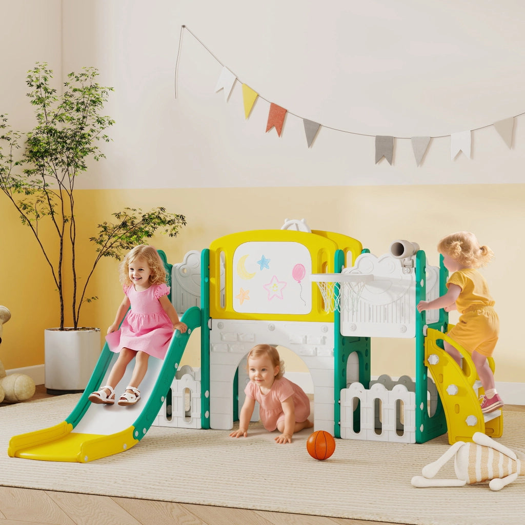 Casa gioco per bambini ¨C zephmum ¨C Giallo e verde, scivolo, cestino basket