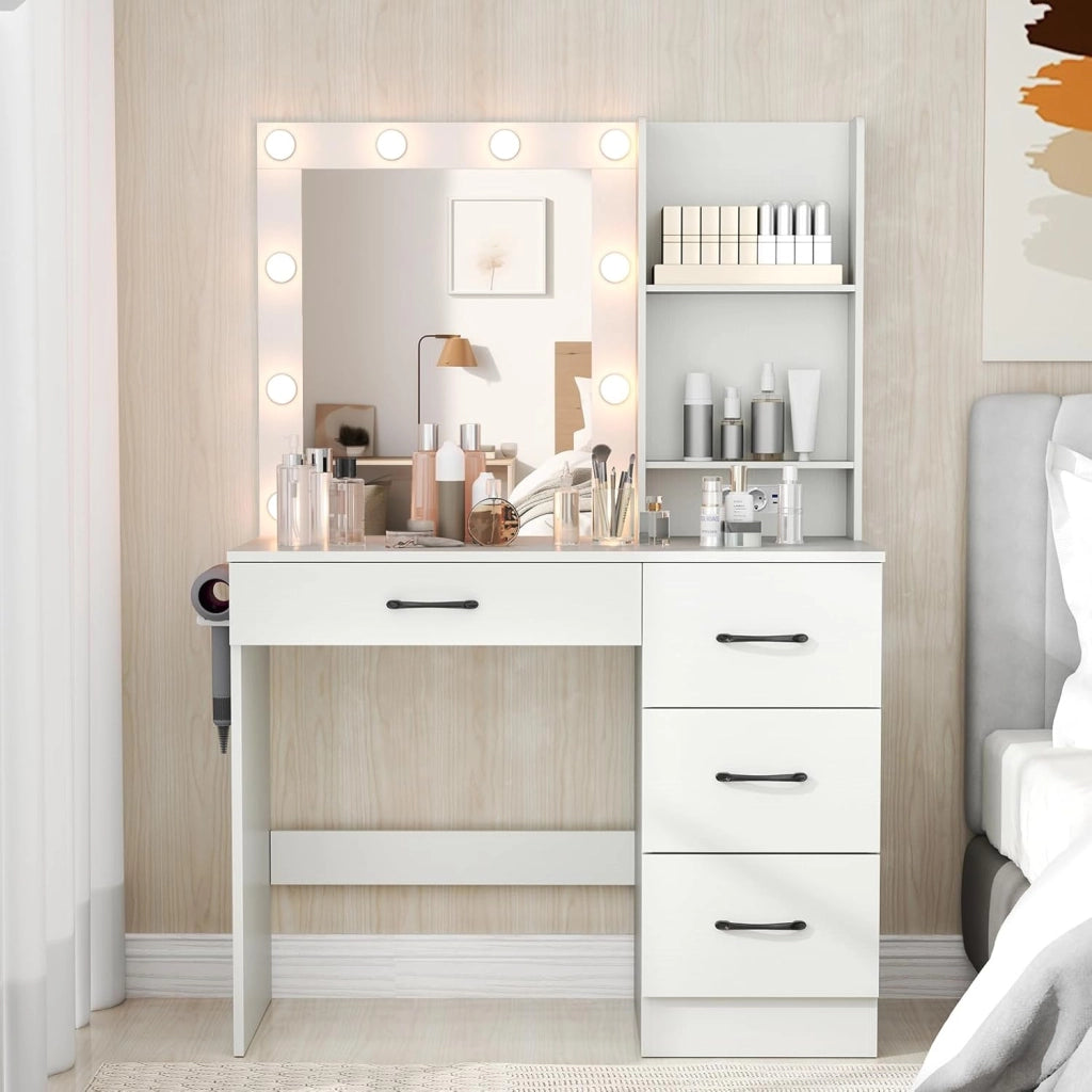 Toeletta da Trucco con Specchio, Tavolo da Trucco con Stazione di Ricarica, Luci LED a 3 Colori, Tavolo da Trucco con 4 Cassetti, 2 Ripiani, per Camera da Letto, Soggiorno