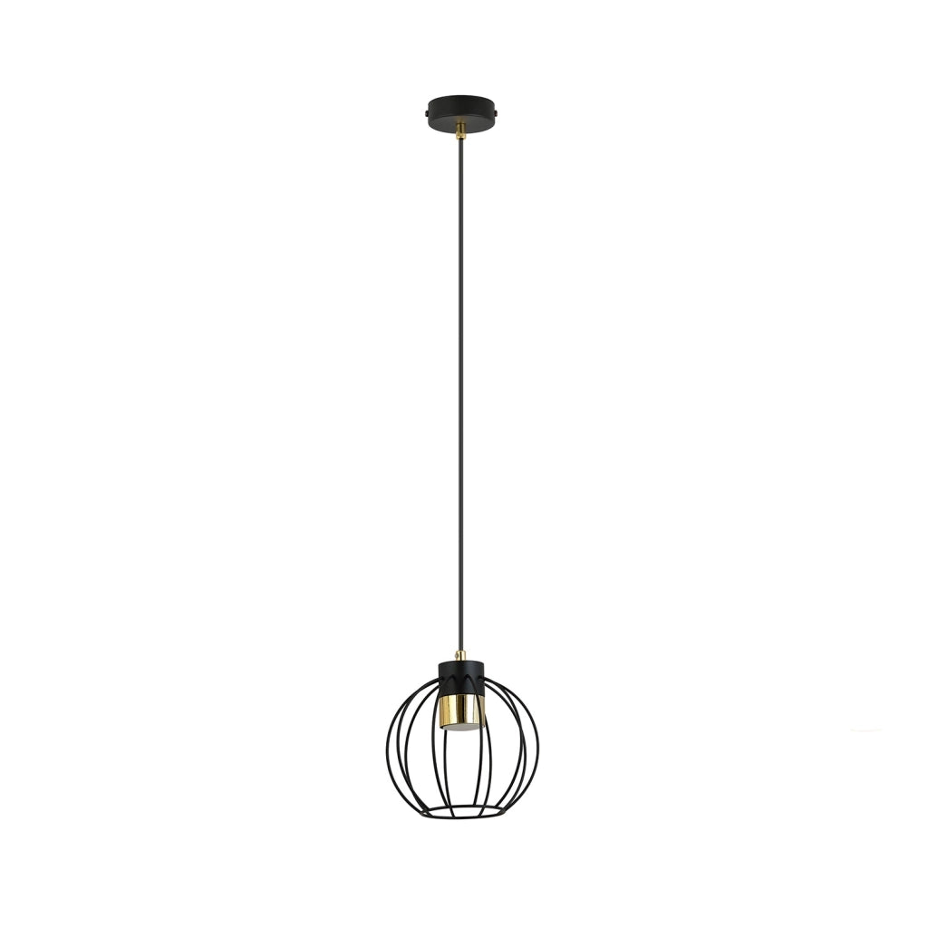 Sospensione Minimal Orfeo 1 Luce In Acciaio Nero A Gabbia Con Oro