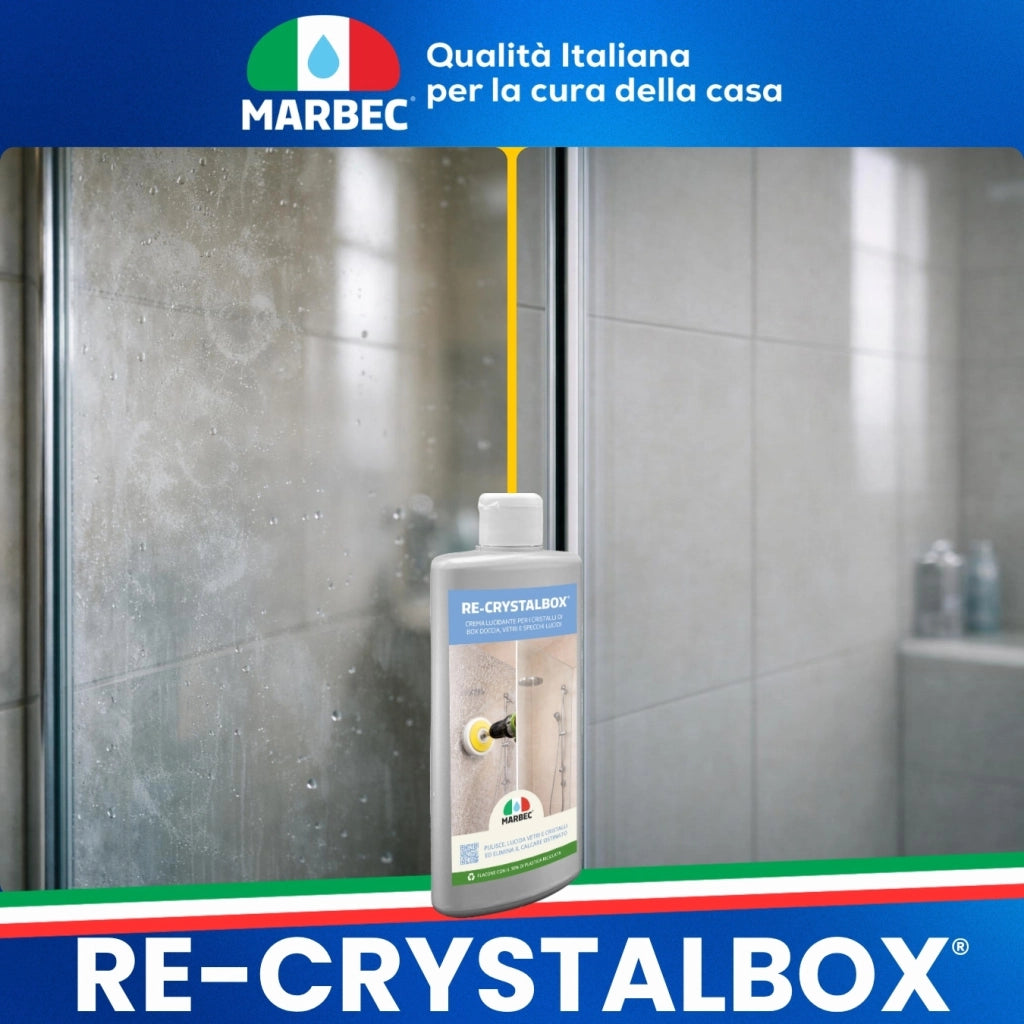 Crema lucidante vetro doccia, rimuove calcare e ripristina brillantezza Marbec RE-CRYSTALBOX® 250GR
