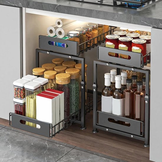 Organizzatore 2-in-1 estensibile per armadio a muro, altezza regolabile per contenitore da cucina a scomparsa