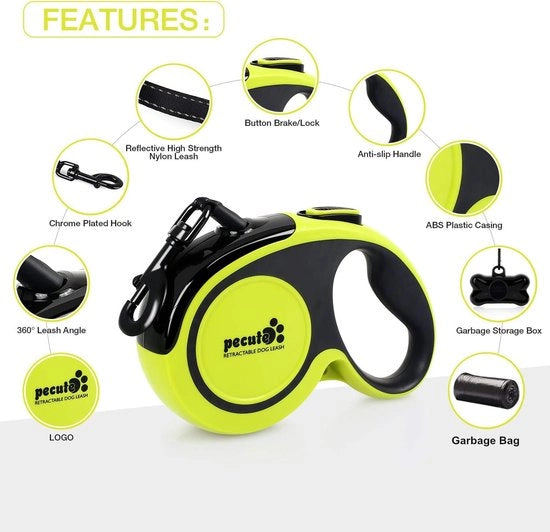 Letti per cani grandi, 5 m, corda retrattile con filo riflettente, manico ergonomico con presa anti-slip, dispenser gratuita, inclusi sacchetti di spazzatura, carico massimo 55 kg