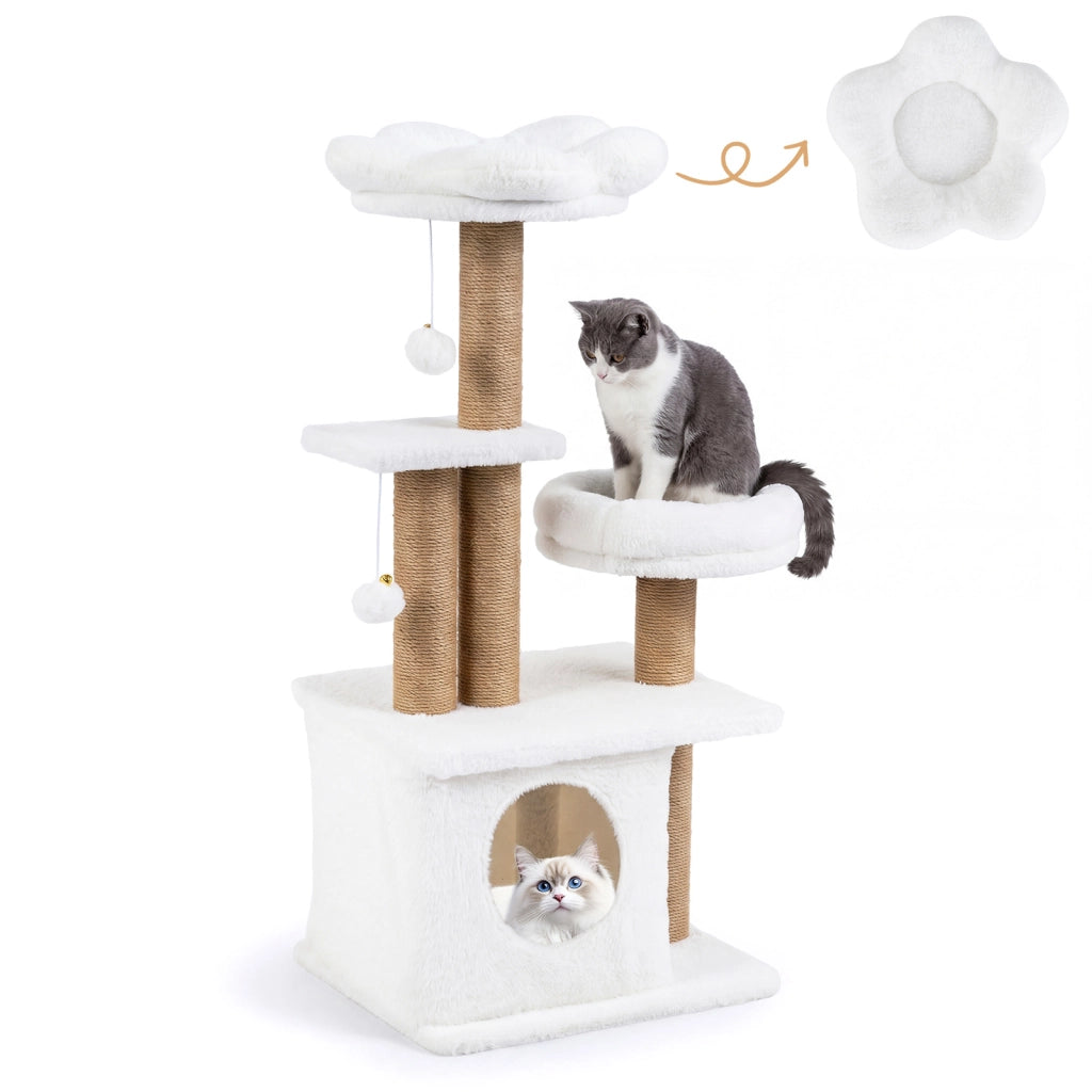 Albero per gatti torre per gatti alta 96 cm 2 palline con campanelli appese, Condo accogliente letto per gatti posti per graffiare Beige